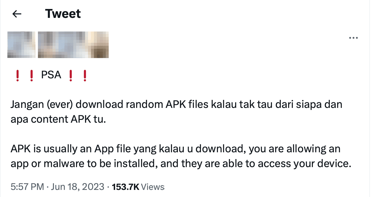 A tweet reminding everyone not to download APK file