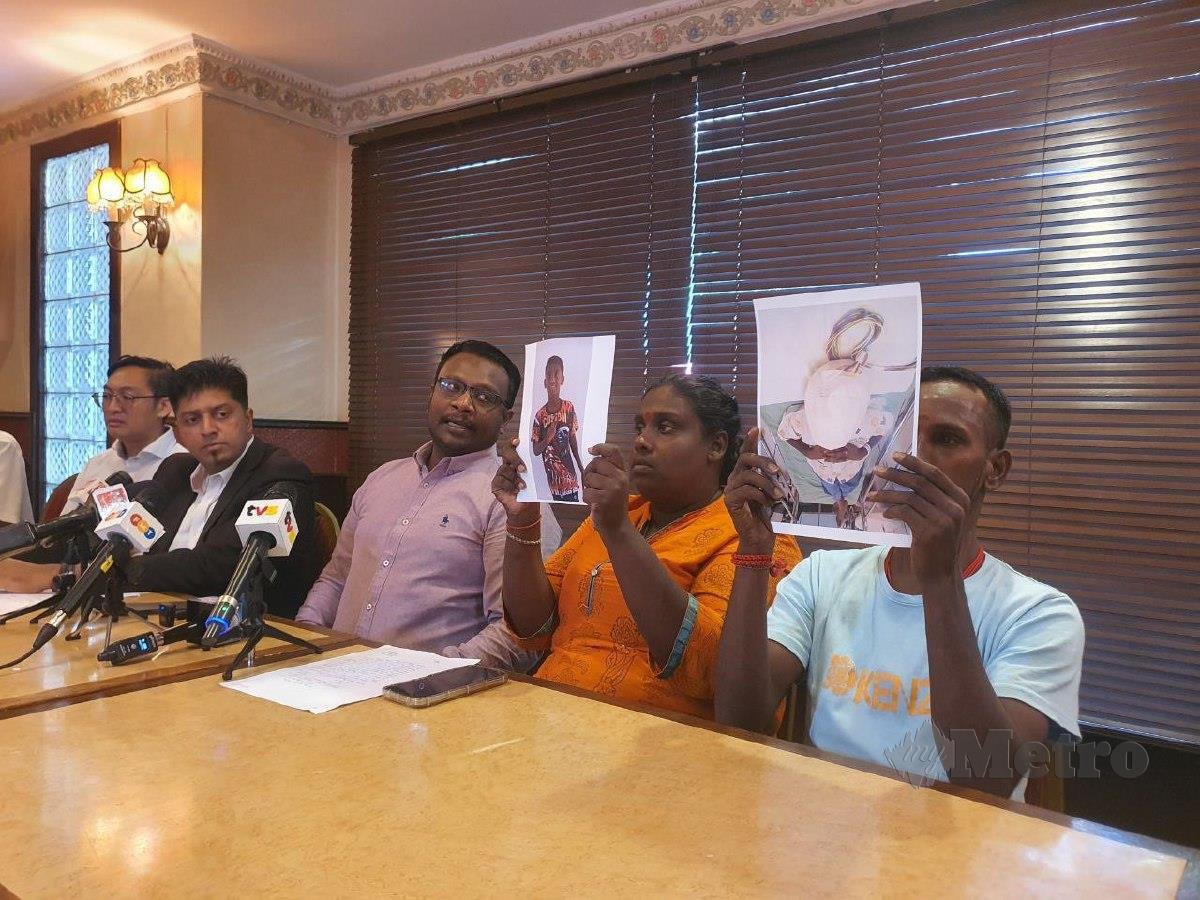 A. D. Mogahana selvi (second, right) and her husband b. Suresh (right); with malaysia-singapore workers task force chairman s. Dayalan and lawyer dinesh muthal (second, left) speaking to the media. The couple’s son is now left disabled after suffering a heatstroke.