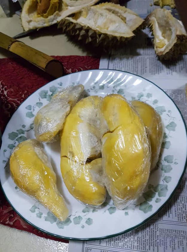 Durian wrapped with plastic wrap