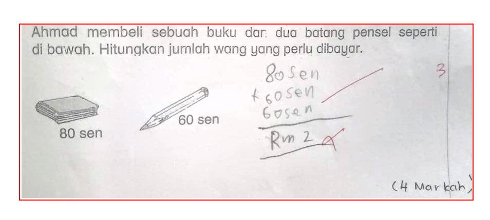 M'sian student writes rm2 instead of 200 sen for math question