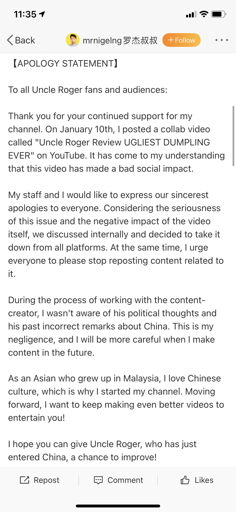 'uncle roger' apologises on weibo after featuring youtuber who criticised china