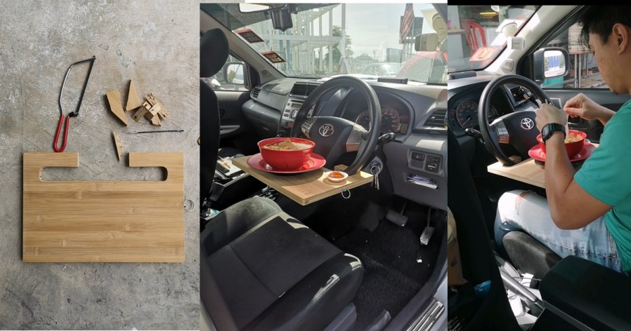 Life hack: this malaysian turns a wooden cutting board into a car dining table | weirdkaya
