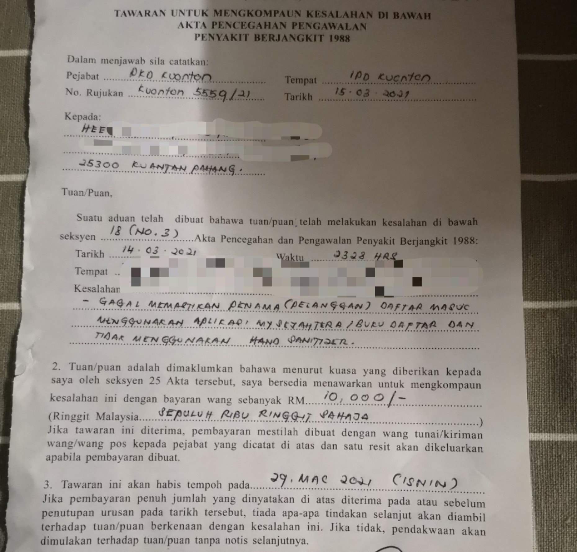 Woman complains of being fined rm10k due to customer's non-compliance