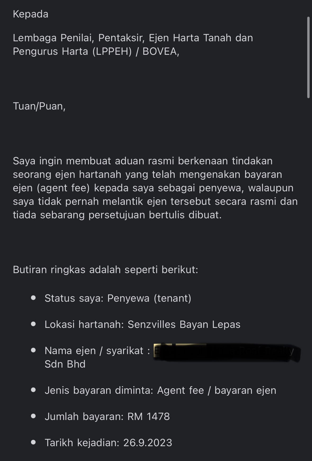  wk m’sian tenant successfully claims back rm . k after learning agent fee isn’t their responsibility. 