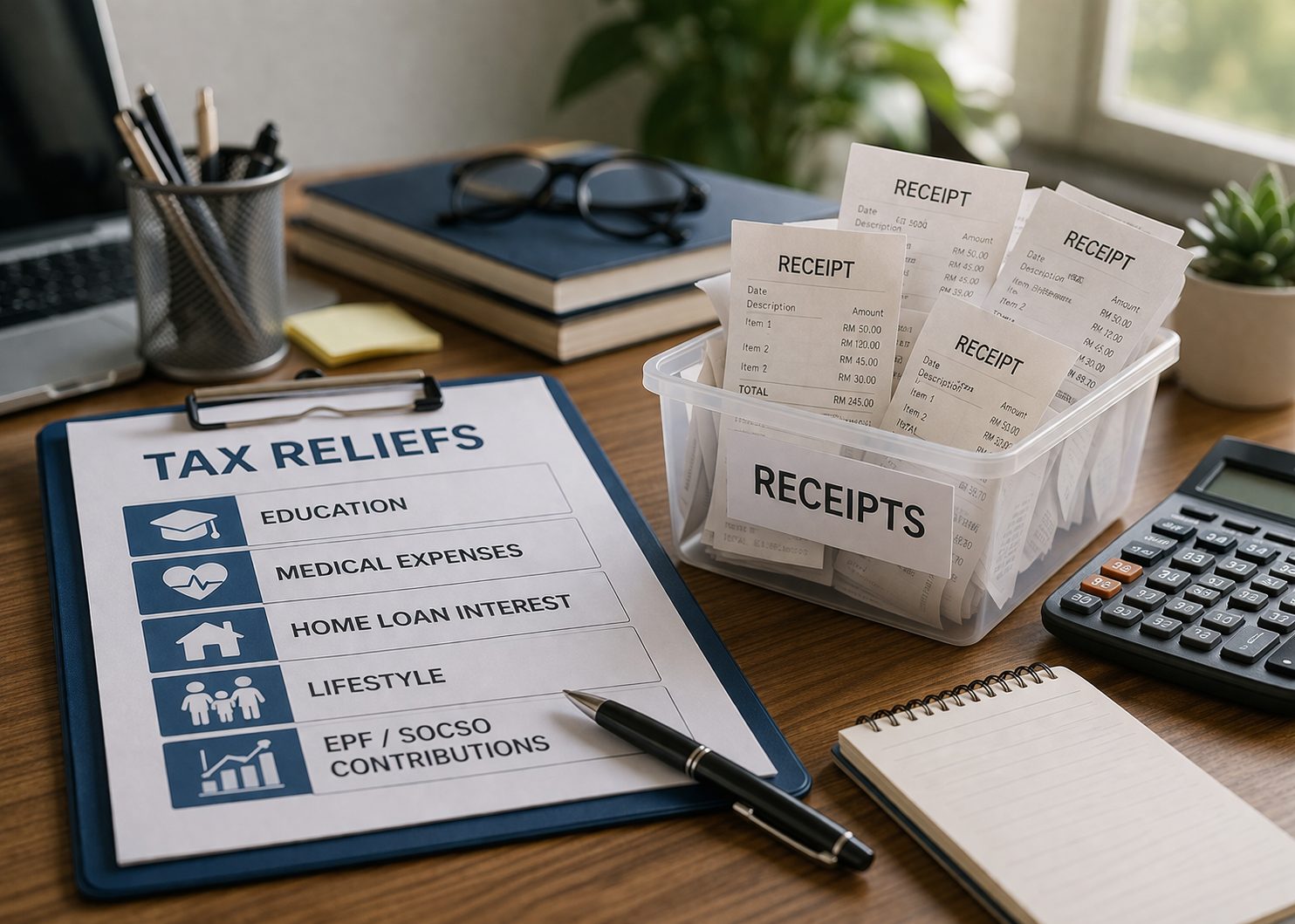  wk organized office desk with tax paperwork 