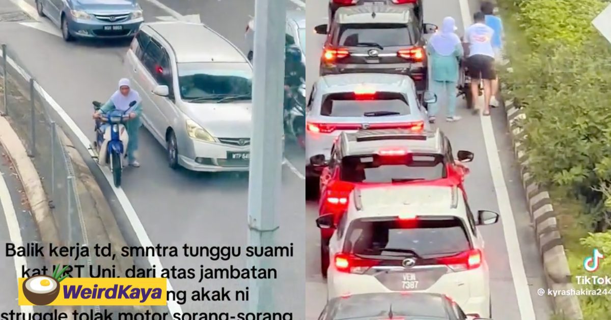 2 M’sian Men Praised For Getting Out Of Their Car To Help Tired Woman Push Motorcycle In Heavy Traffic | WeirdKaya