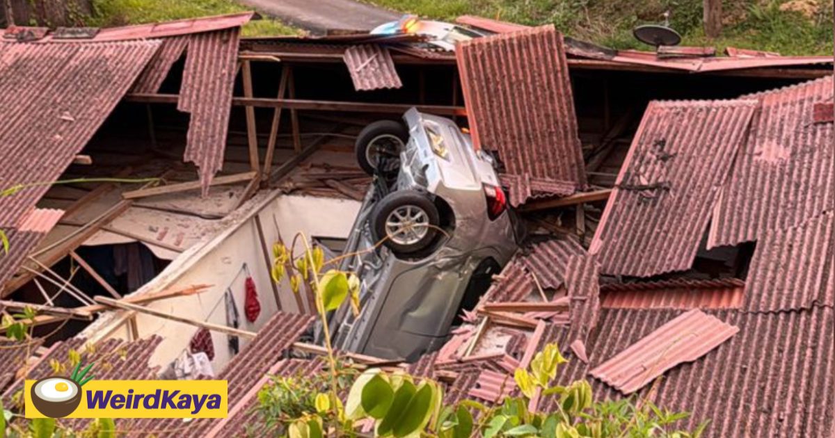 Perodua Axia Lands On Top Of Zinc Roof After Driver Loses Control Of Vehicle | WeirdKaya