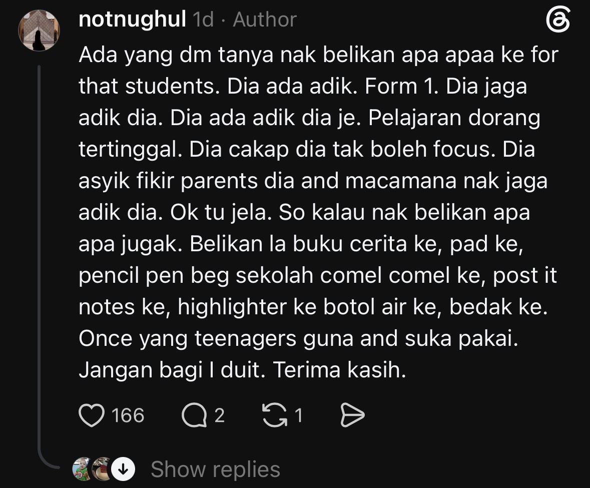 Urged public to help less fortunate students