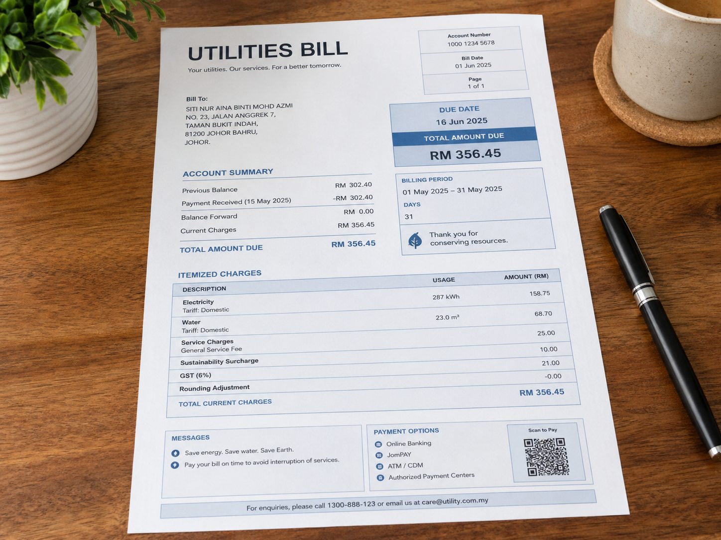 wk utility bill on a tidy desk