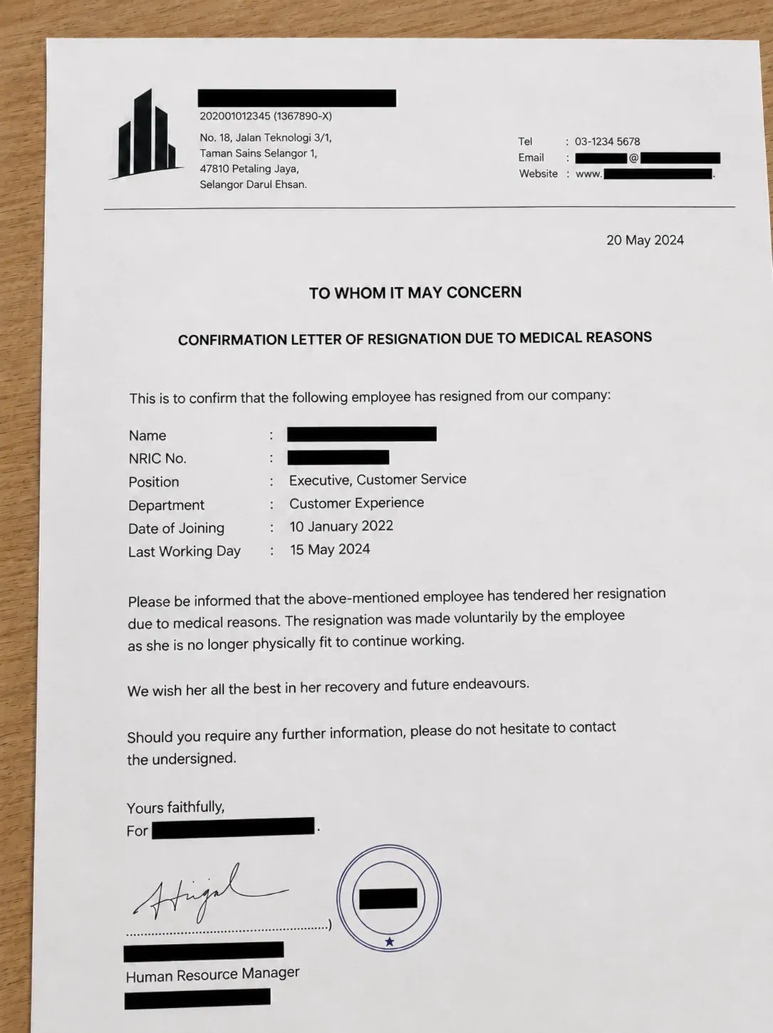 wk confirmation letter of resignation