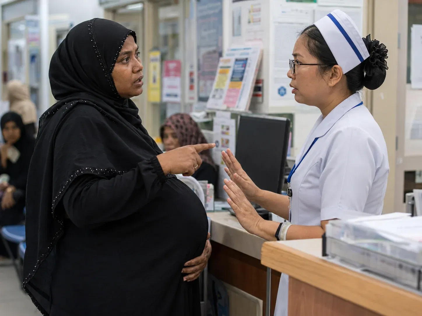 wk tense conversation at the clinic counter