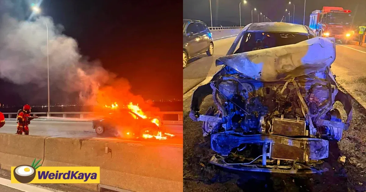 M’sian Woman’s Axia Bursts Into Flames While Driving Along Penang Bridge | WeirdKaya