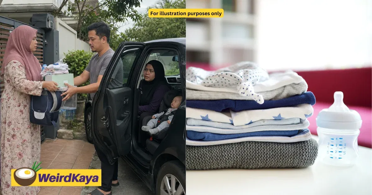 wk m’sian giving away free baby items has to carry everything to recipients while they sit in car
