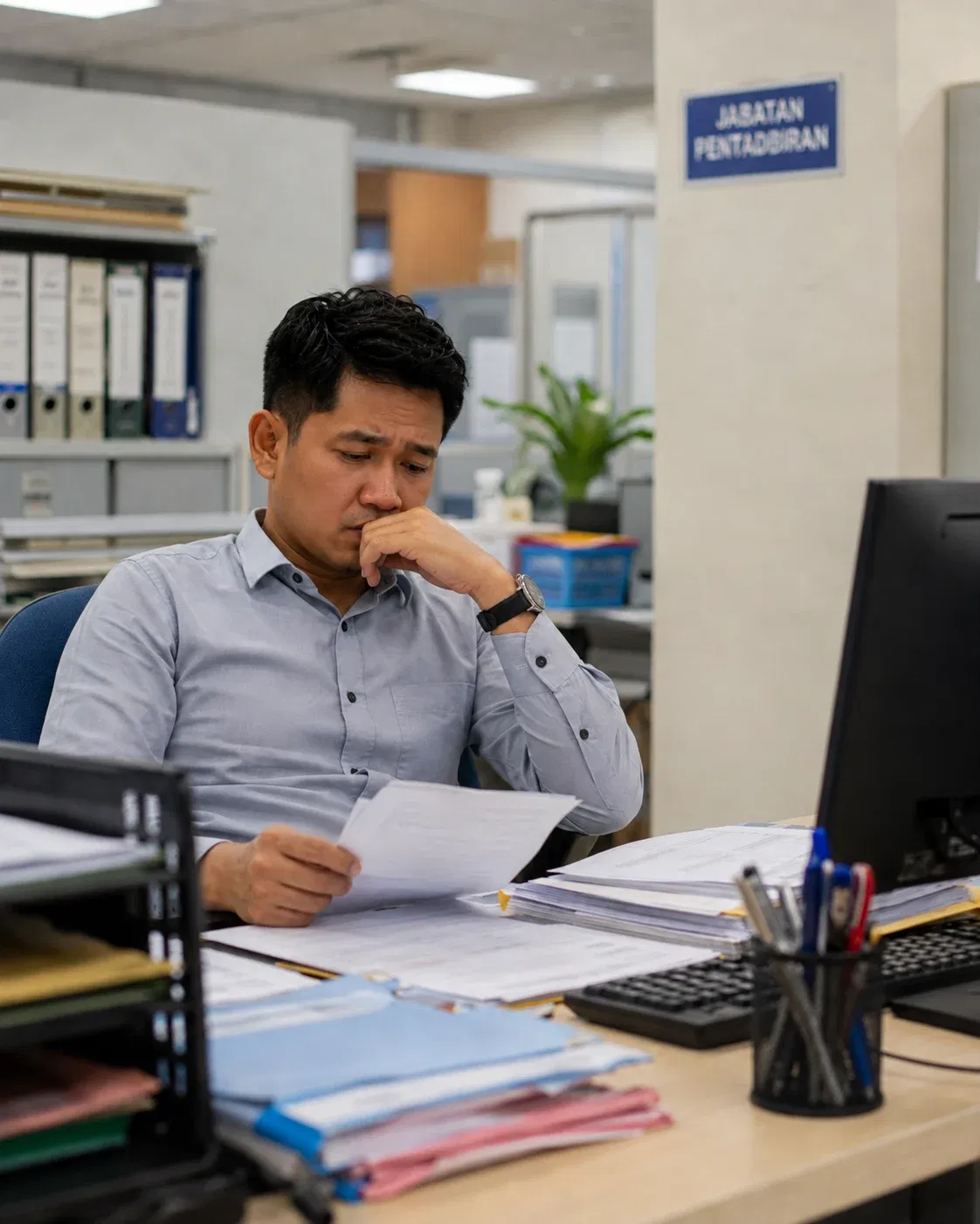  wk worried office worker amid paperwork 