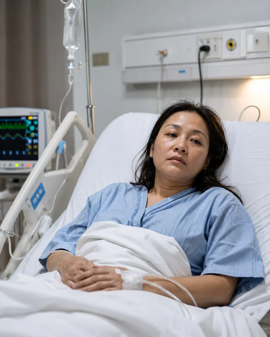 wk resting on the hospital bed