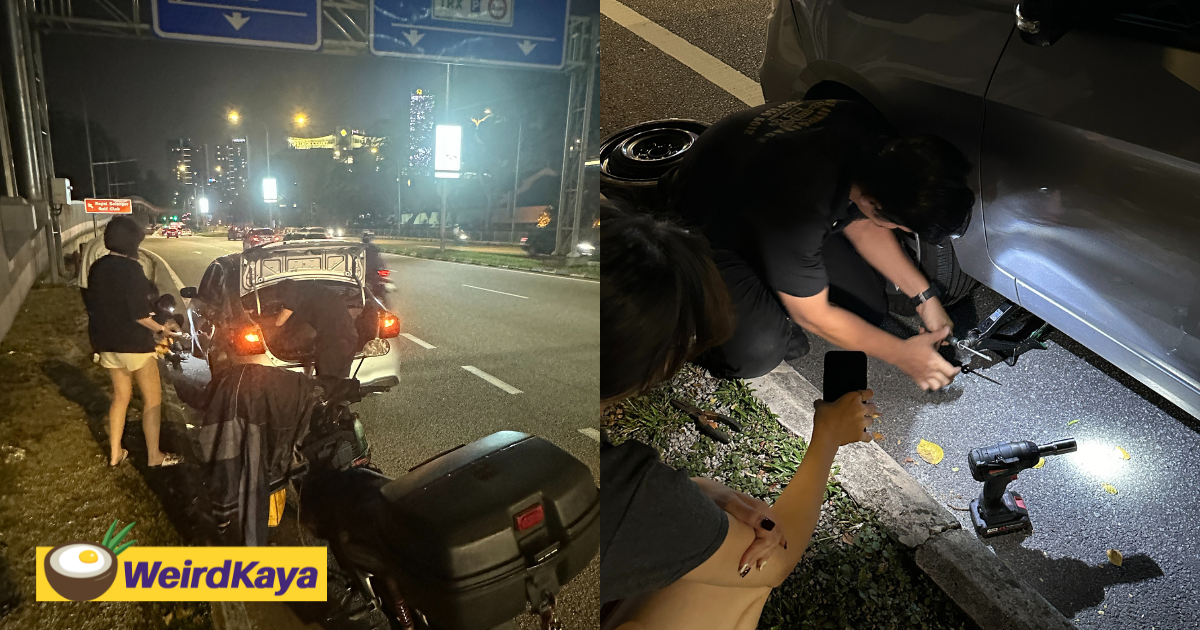 25yo m'sian driver thanks malay uncle for saving the day by fixing her punctured tyre | weirdkaya