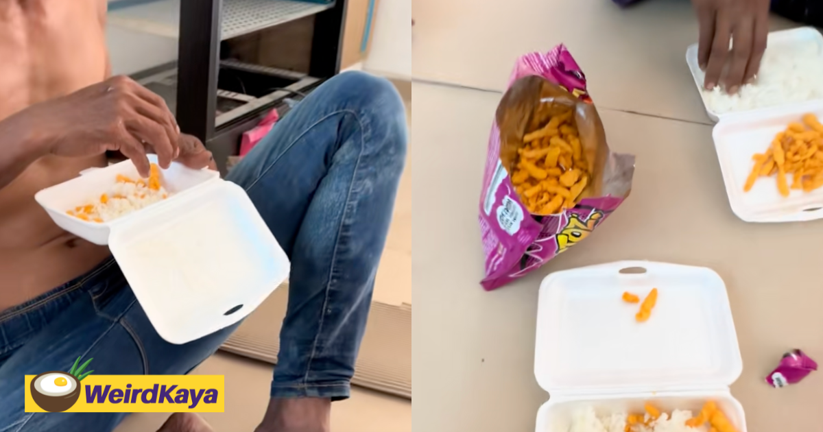 3 Foreign Workers Seen Eating Plain Rice While Sharing 1 Pack Of Snacks, No Vegetables Or Meat | WeirdKaya