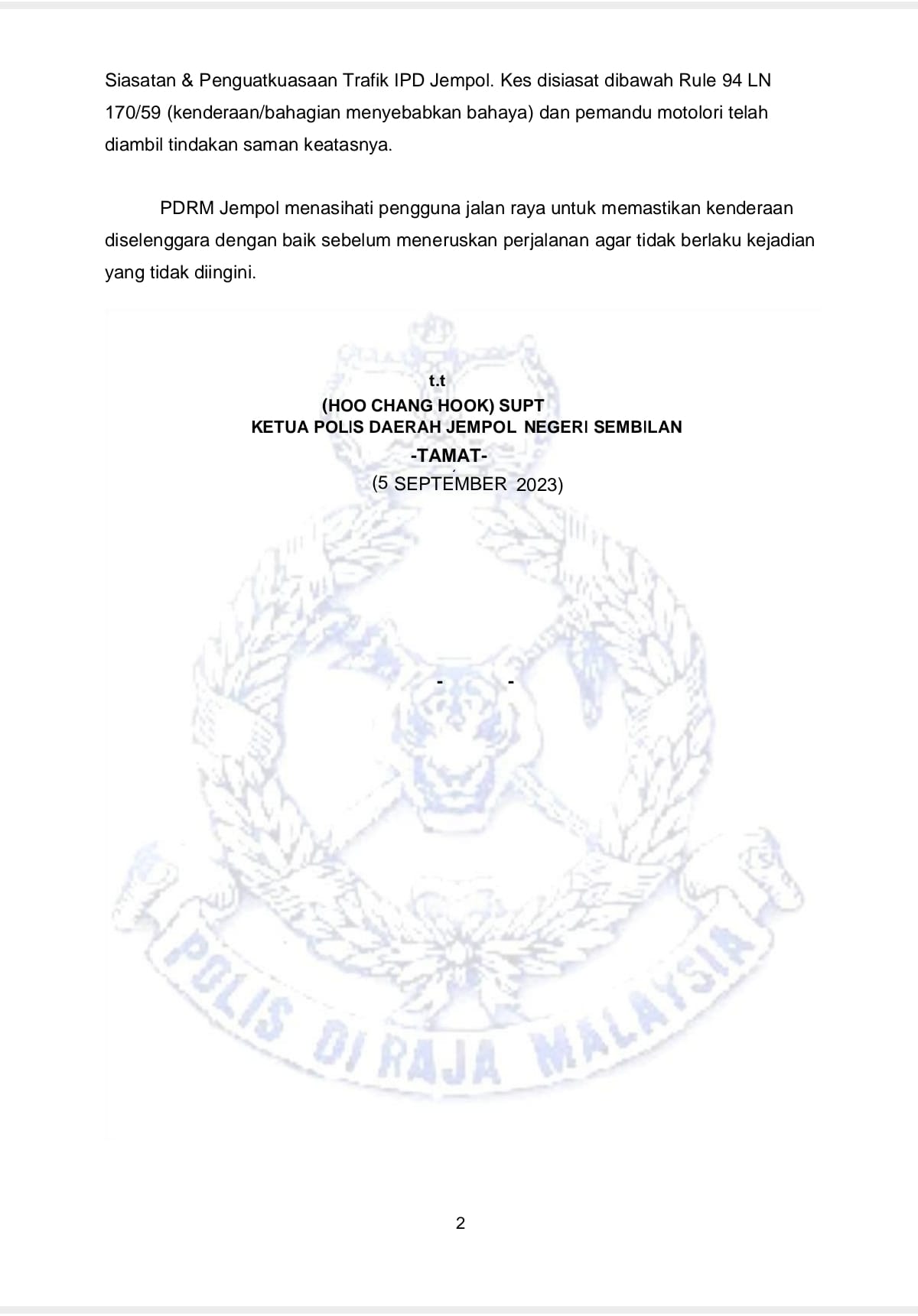 Jempol police statement