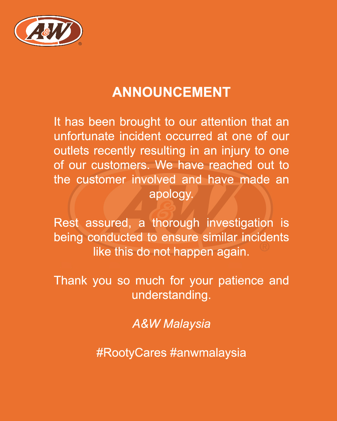 An apology statement by a&w