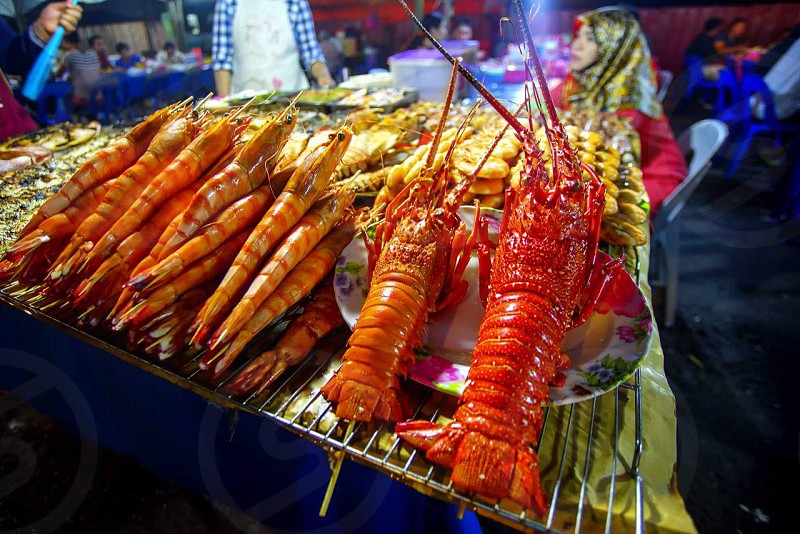 Lobsters and prawns at waterfront seafood night market, sabah.