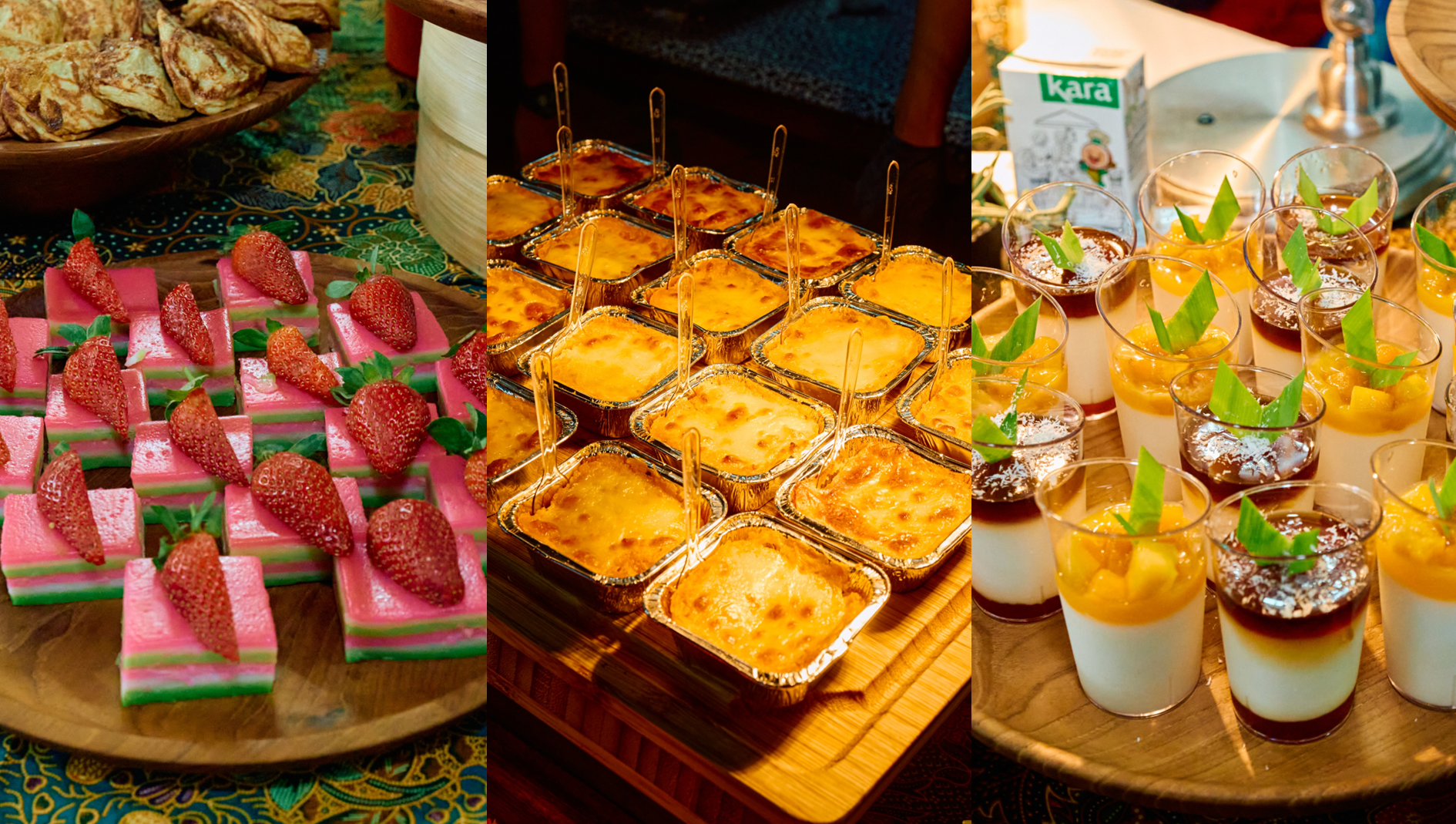 7-Kara Lapis Matcha-Beri, Kara Rendang Gratin and Kara Gula Melaka & Mangga Cotta