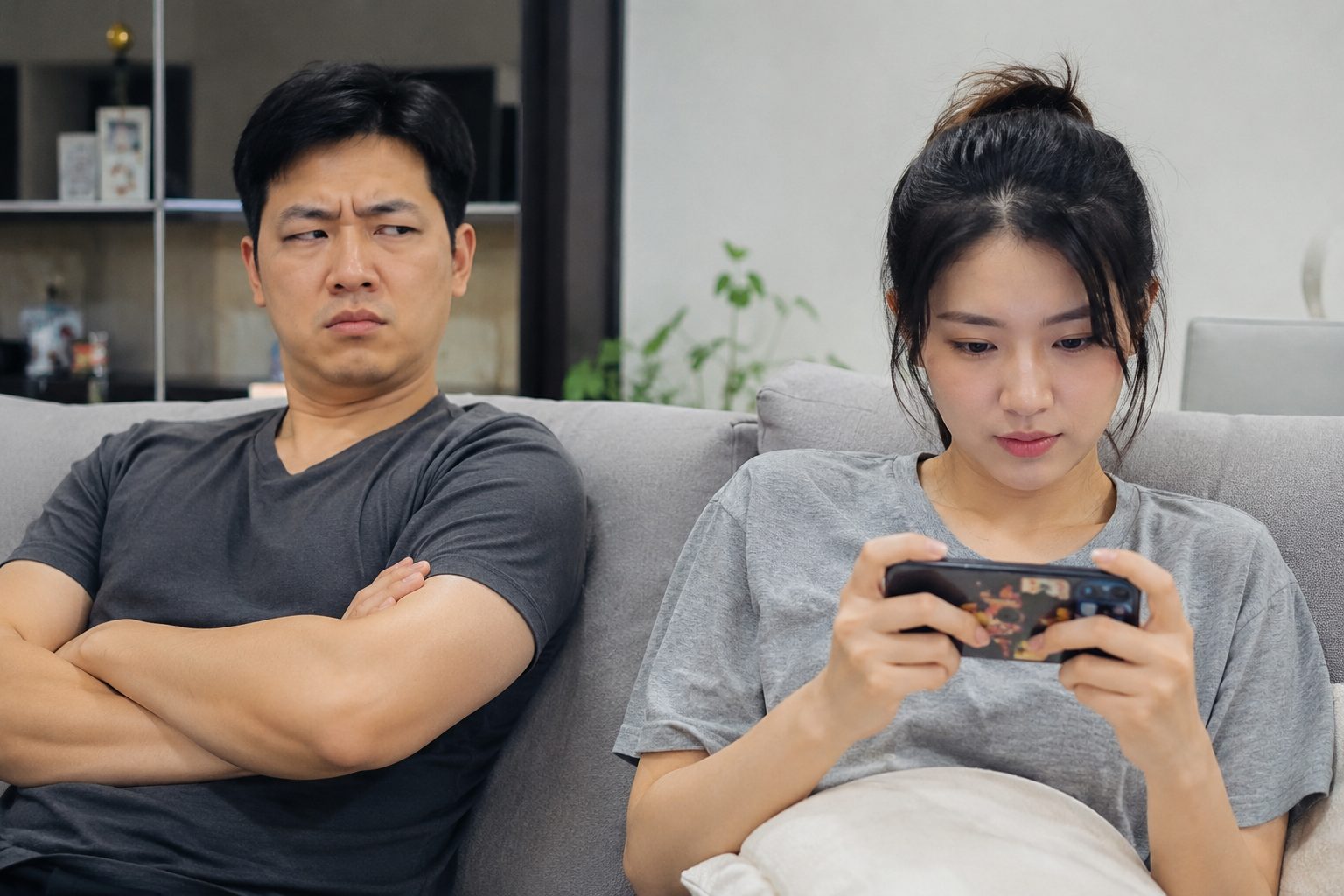 AI image of upset man watching wife playing with phone