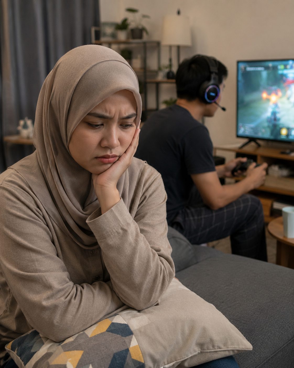 AI image of woman upset at gaming BF