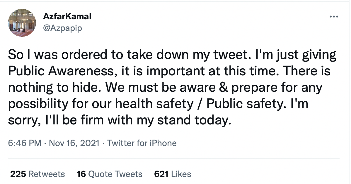 Azfar kamal ordered to take down his tweet