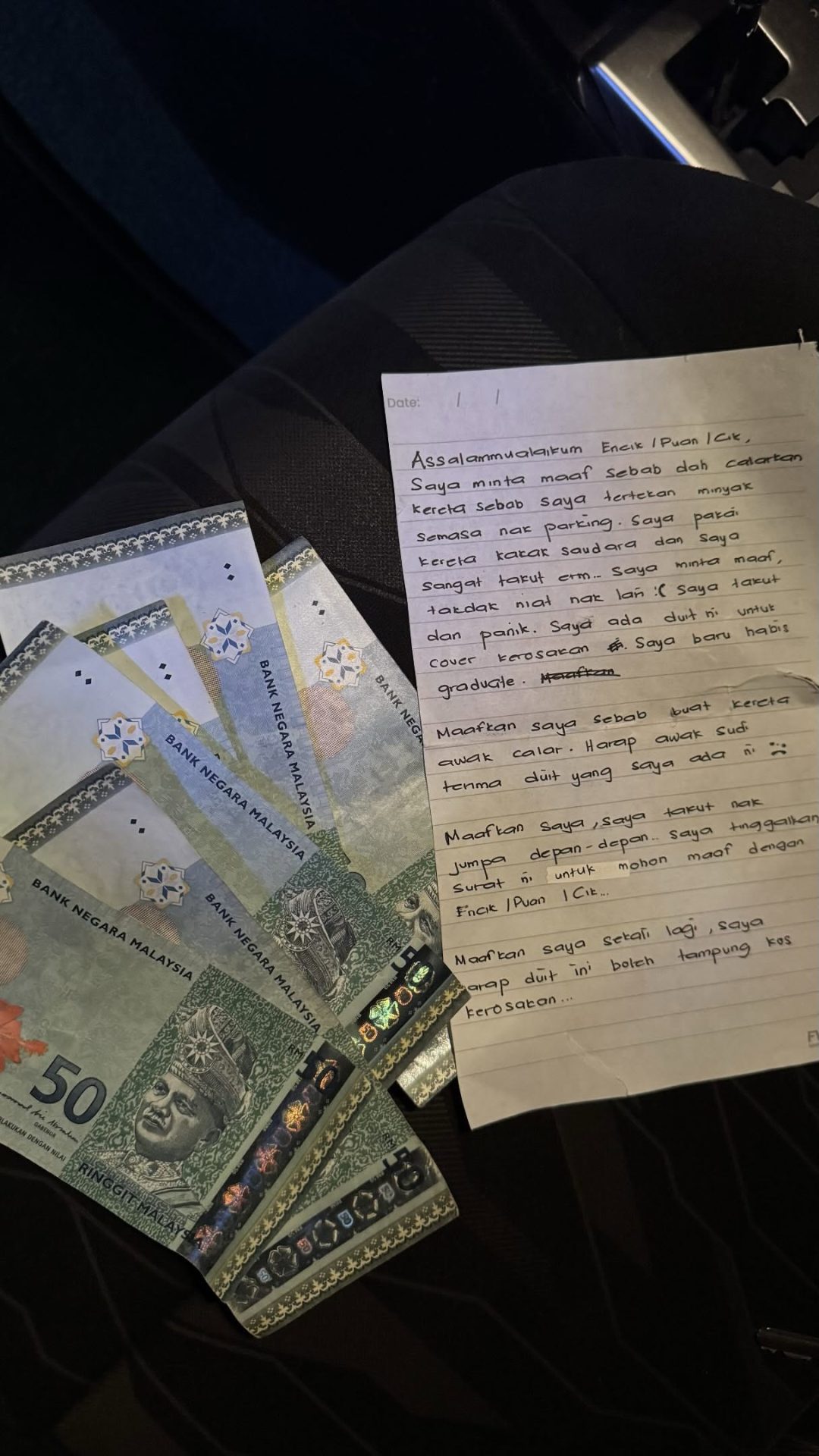 Cash & apology note for accident (1)