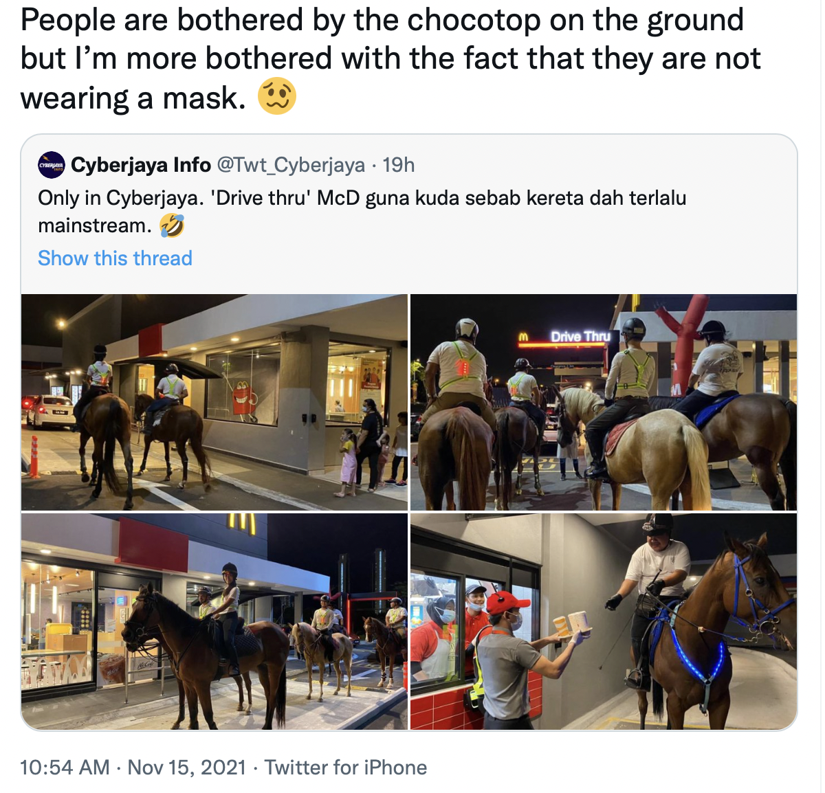 This group rode to mcdonald's cyberjaya drive-thru on horseback. Netizens: 'how about 'neigh'? | weirdkaya