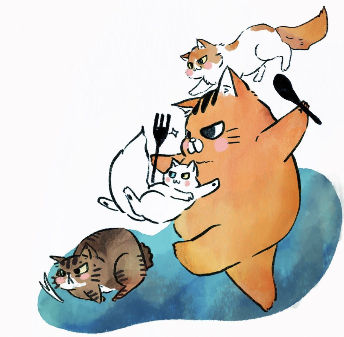 Artist's illustration of dinner time with her cats. The artist's caricature is a large orange cat while the three other runs together towards dinner.