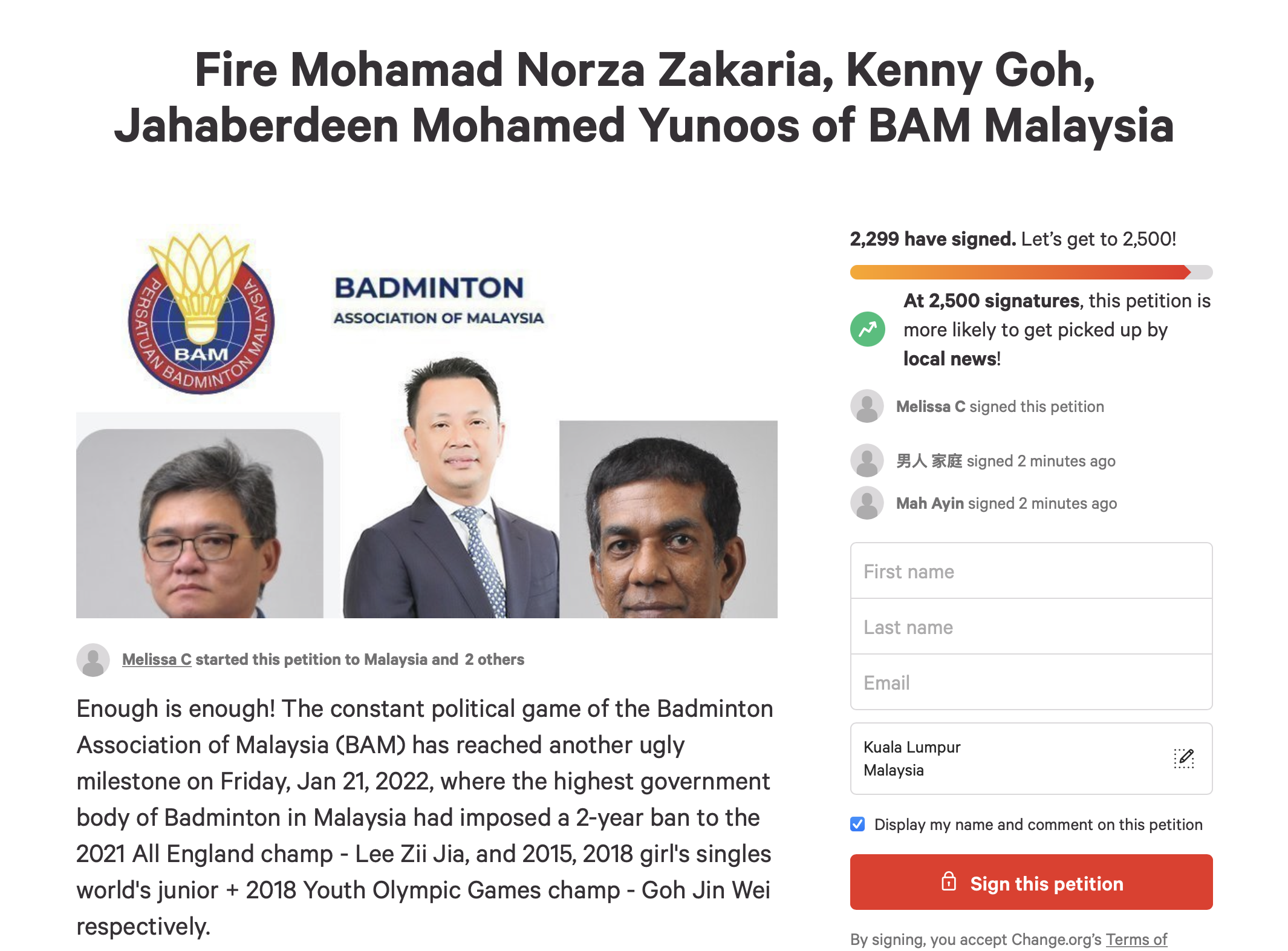Petition urging bam to lift lee zii jia and goh jin wei's ban receives 100,000 signatures within 2 days | weirdkaya