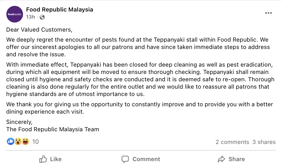 Food republic malaysia responds to rat issue in their teppanyaki stall