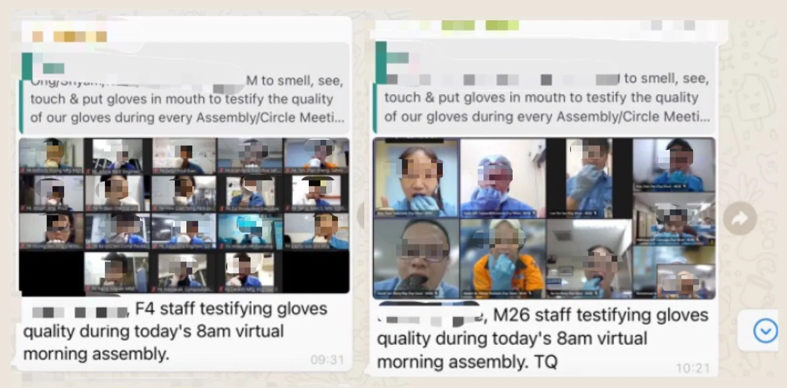 Whatsapp message screenshots of employees putting gloves in mouth.