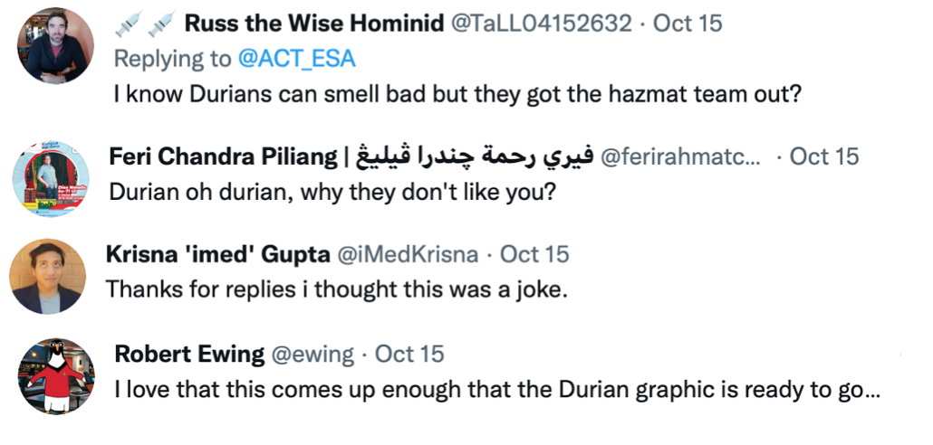 Snapshot of quoted tweets and reply to the original tweet by australia emergency services on the discovered hazmat - durian.