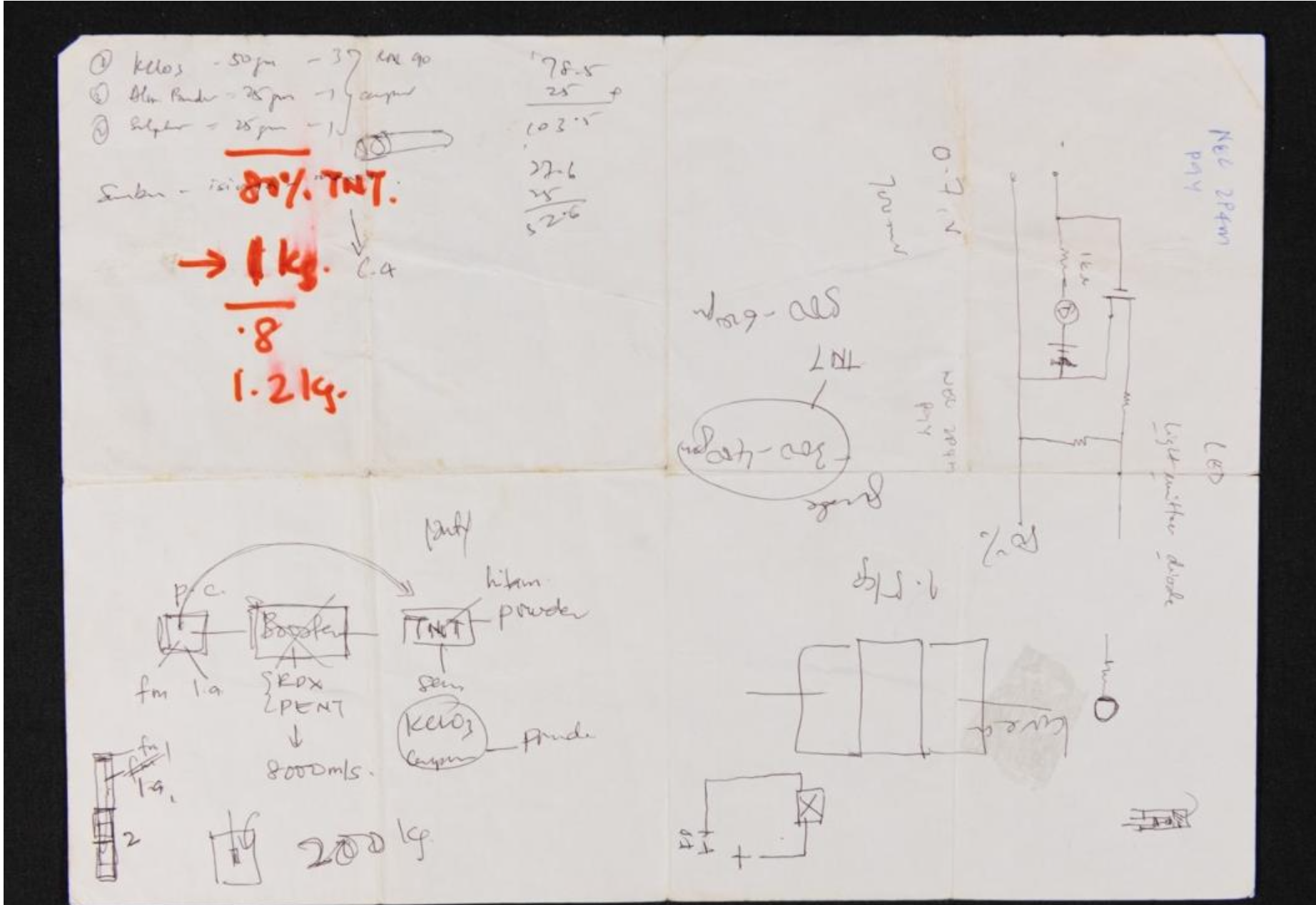 Hand-written notes by a ji member detailing the construction of explosives.