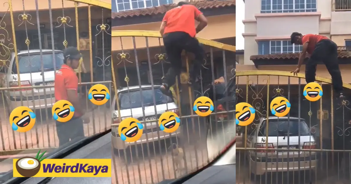 [video] 'jump! ' j&t deliveryman escapes stray dog atop front gate | weirdkaya