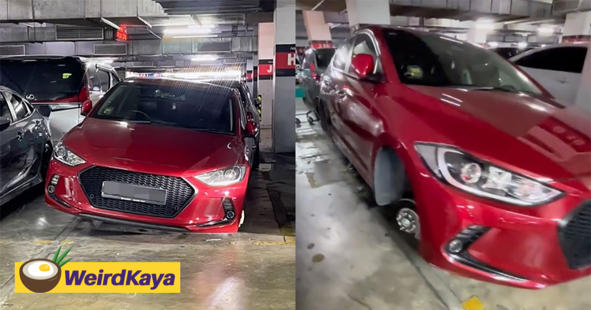 [video] sg-registered car gets completely stripped bare of its wheels and rims at jb mall | weirdkaya