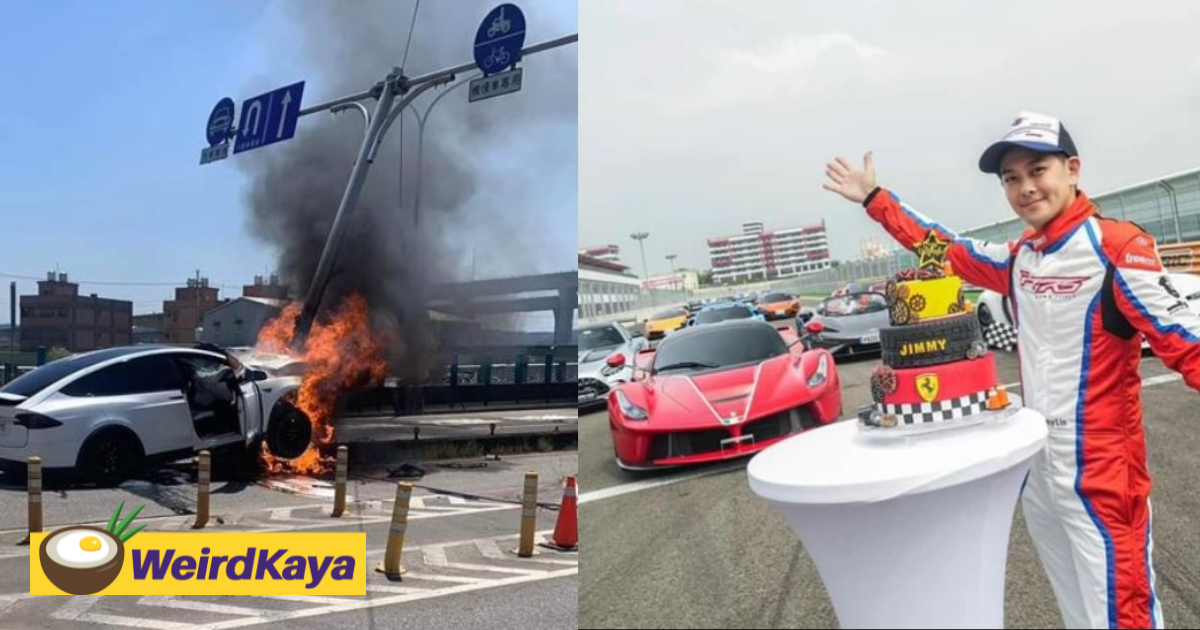 Tesla carrying taiwanese singer jimmy lin catches fire after crashing into road divider | weirdkaya
