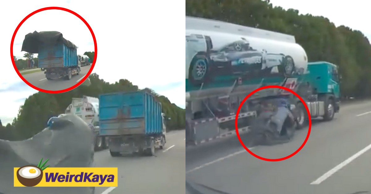 Lorry's canvas cover flies off, causing a near-death experience for motorcyclists