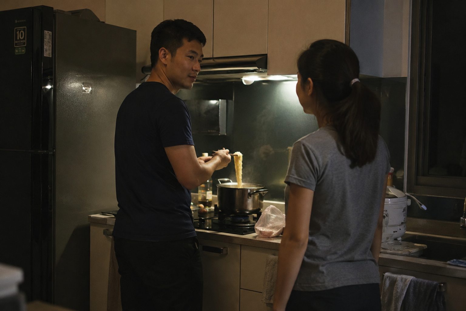 Man cooking noodles for maid AI photo