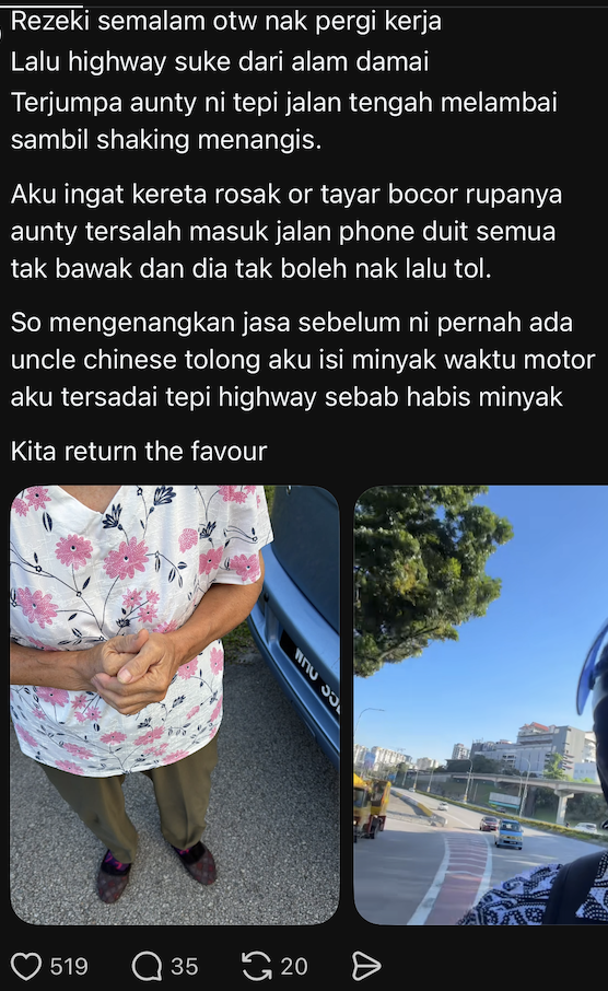 M’sian Man Helps Stranded Aunty Who Cried After Entering Wrong Route & Had No Money For Toll