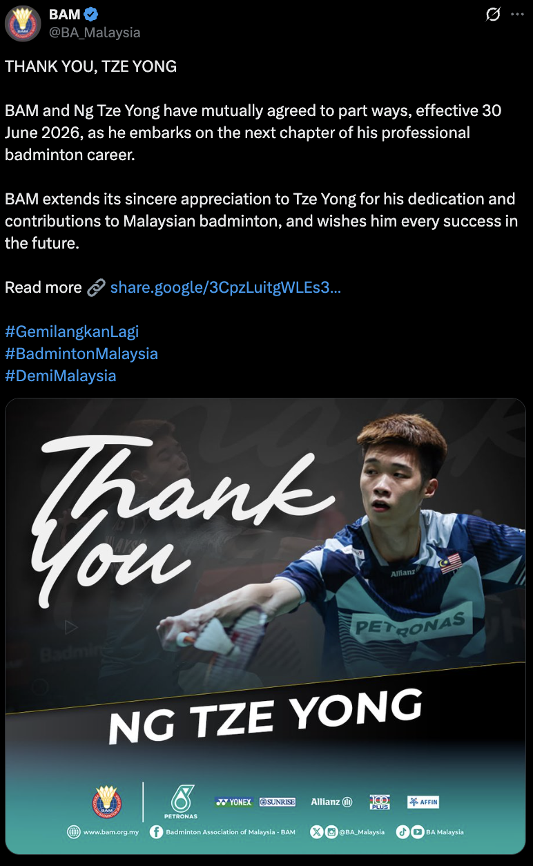 M'sian Shuttler Ng Tze Yong Officially Leaves BAM