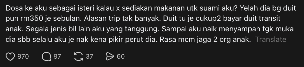 M’sian Wife Stops Cooking For Husband Who Gives Her RM350 That Isn't Enough For Their Child’s Expenses