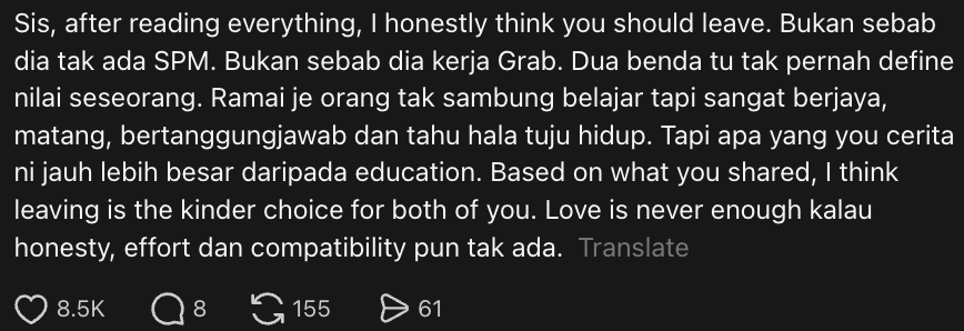 M'sian Woman With Degree Finds Out BF Of 5 Months Has No SPM, Finds It Hard To Let Go