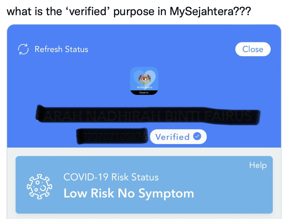 Mysejahtera blue tick verification comment 08 question