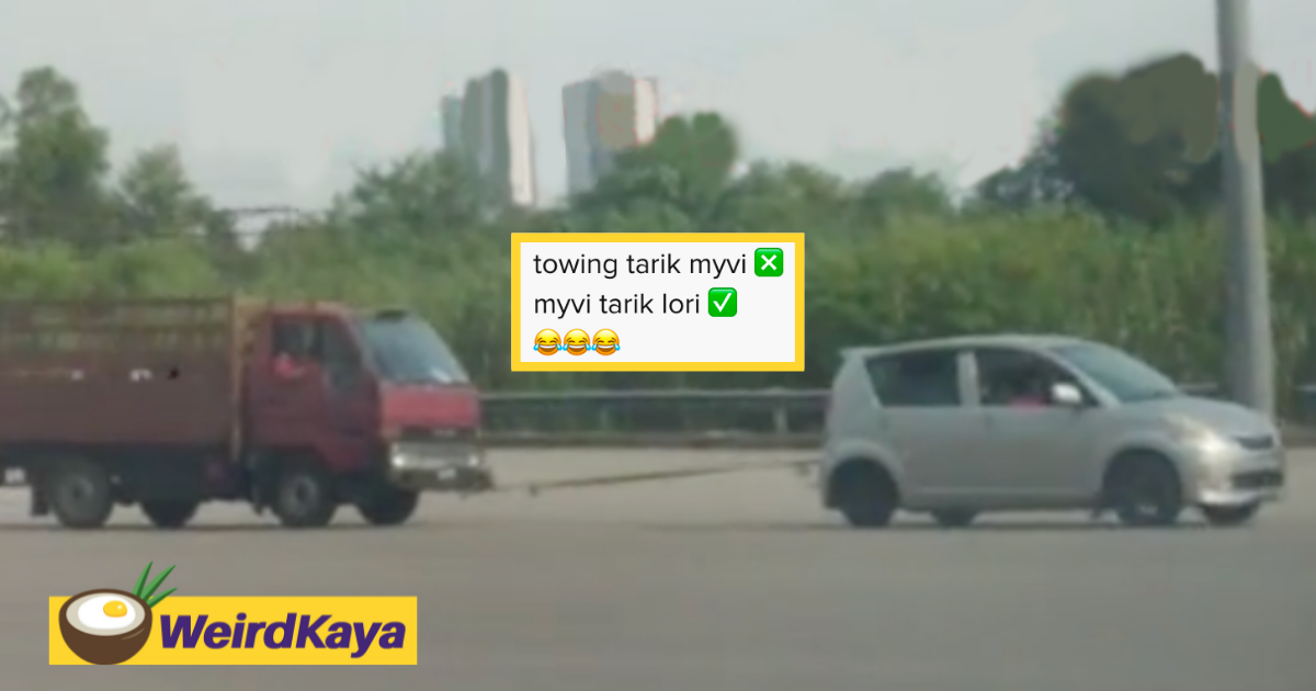Netizens blown away by Myvi dragging a lorry all on its own