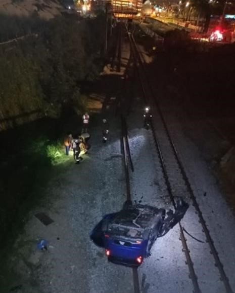 Man survives deadly crash after his car skidded and fell 9 metres onto railway track