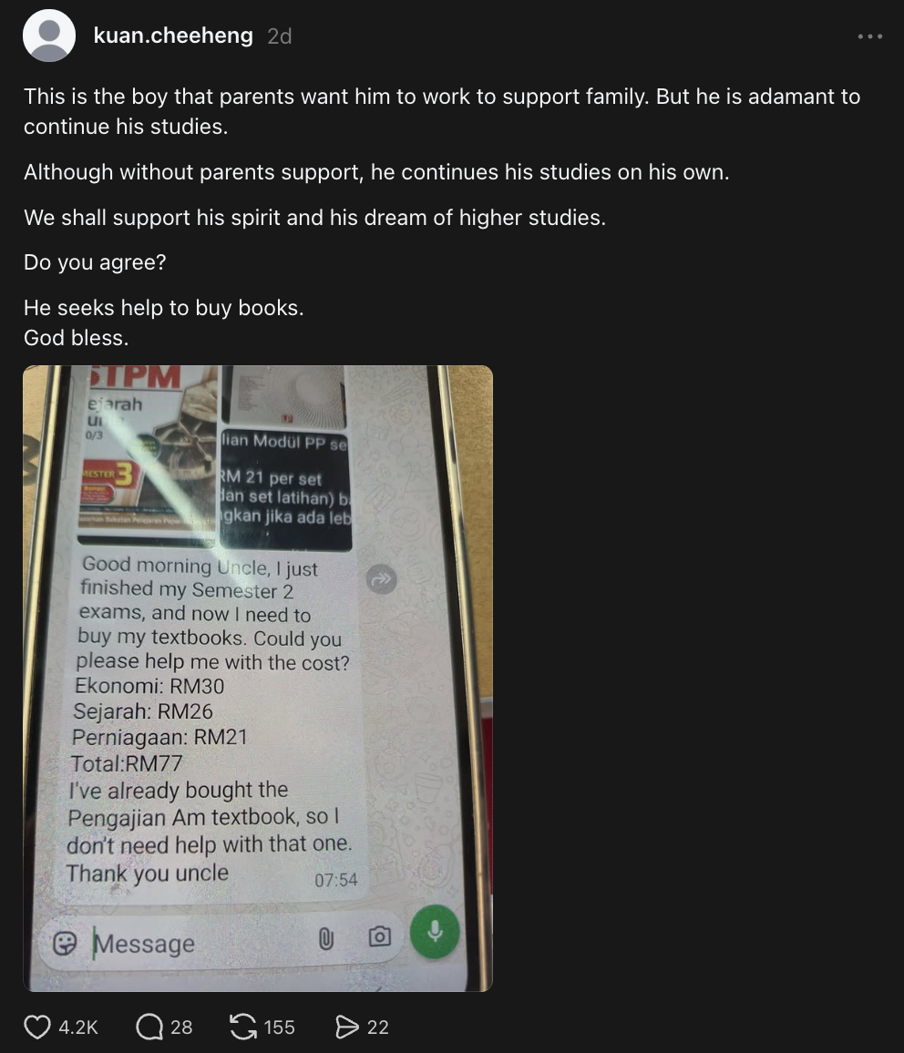 STPM Student Asks For RM77 To Buy Textbooks As His Family Can’t Afford Them