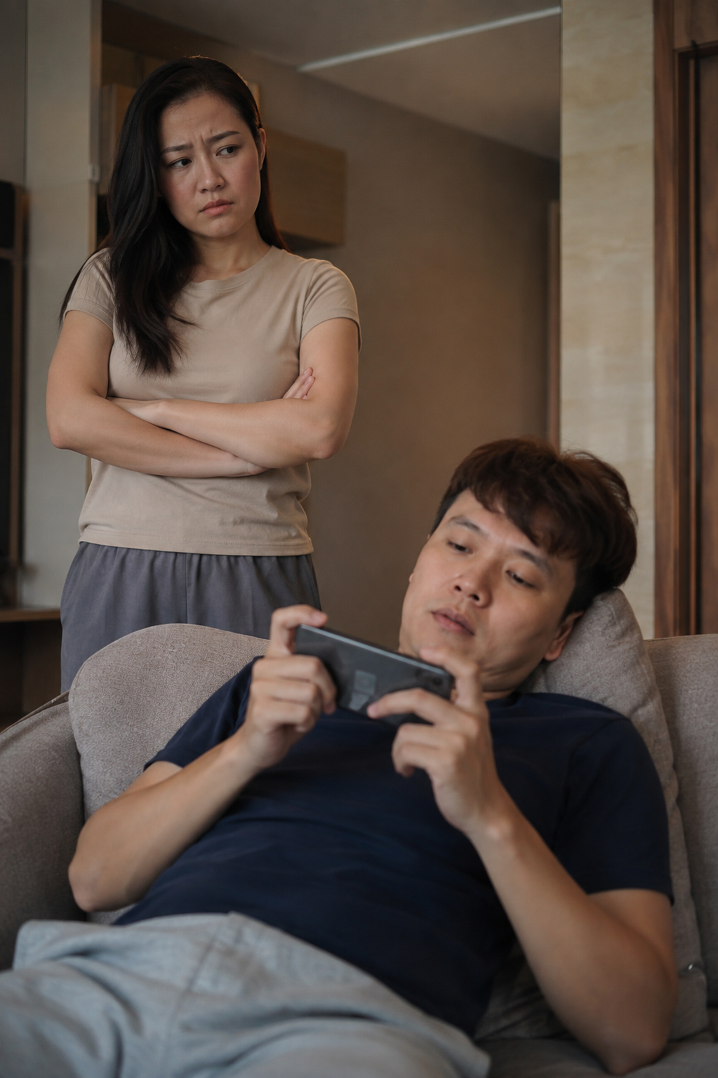 Unhappy woman looks at hubby using phone